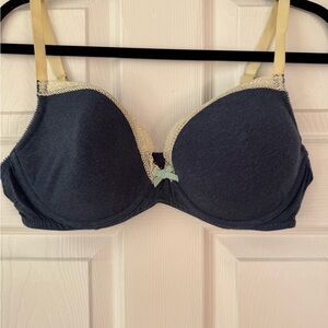 Navy Blue Cotton Bra with Cream Lace Accents, Lightly Padded, Full Coverage, 38D